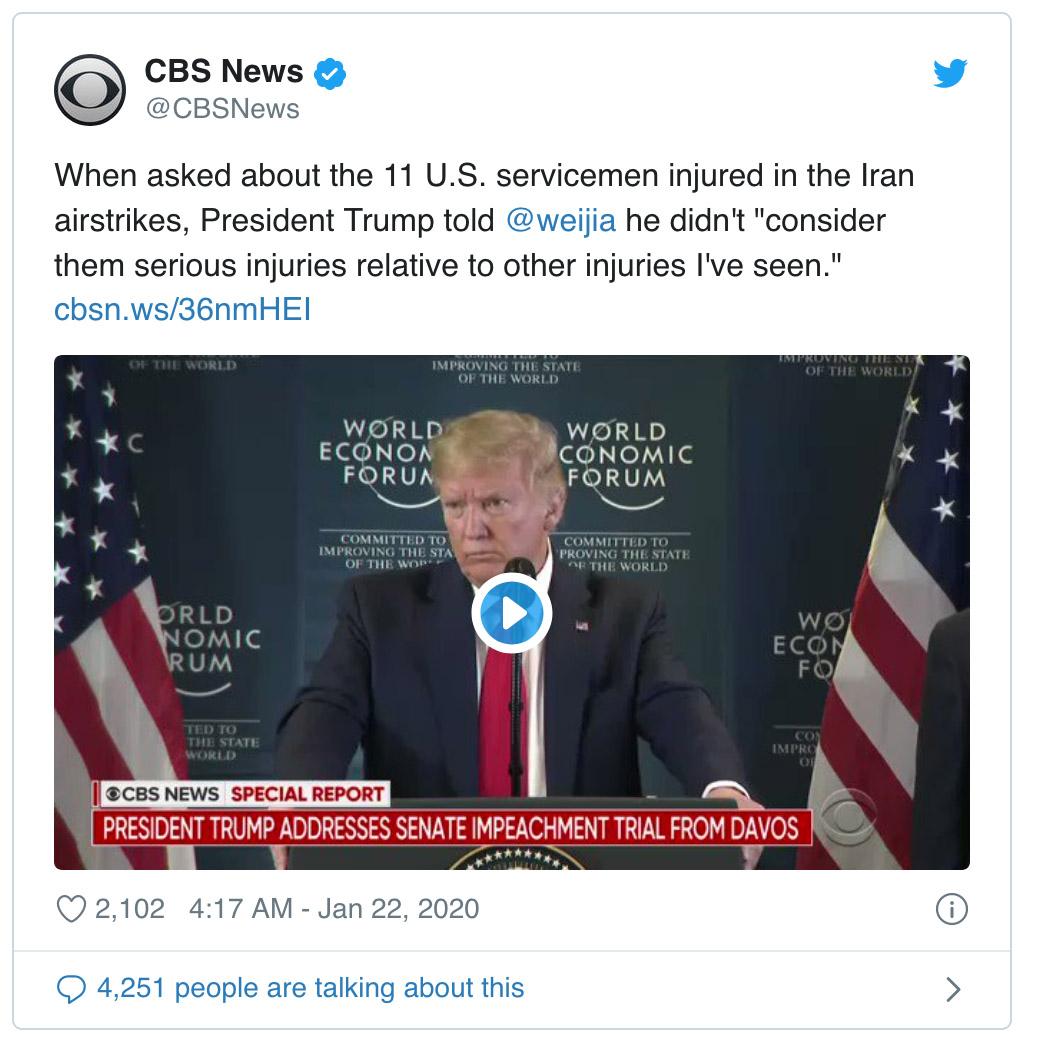  Trump doesnt consider brain injuries sustained by US troops during Iran missile barrage â€˜seriousâ€™