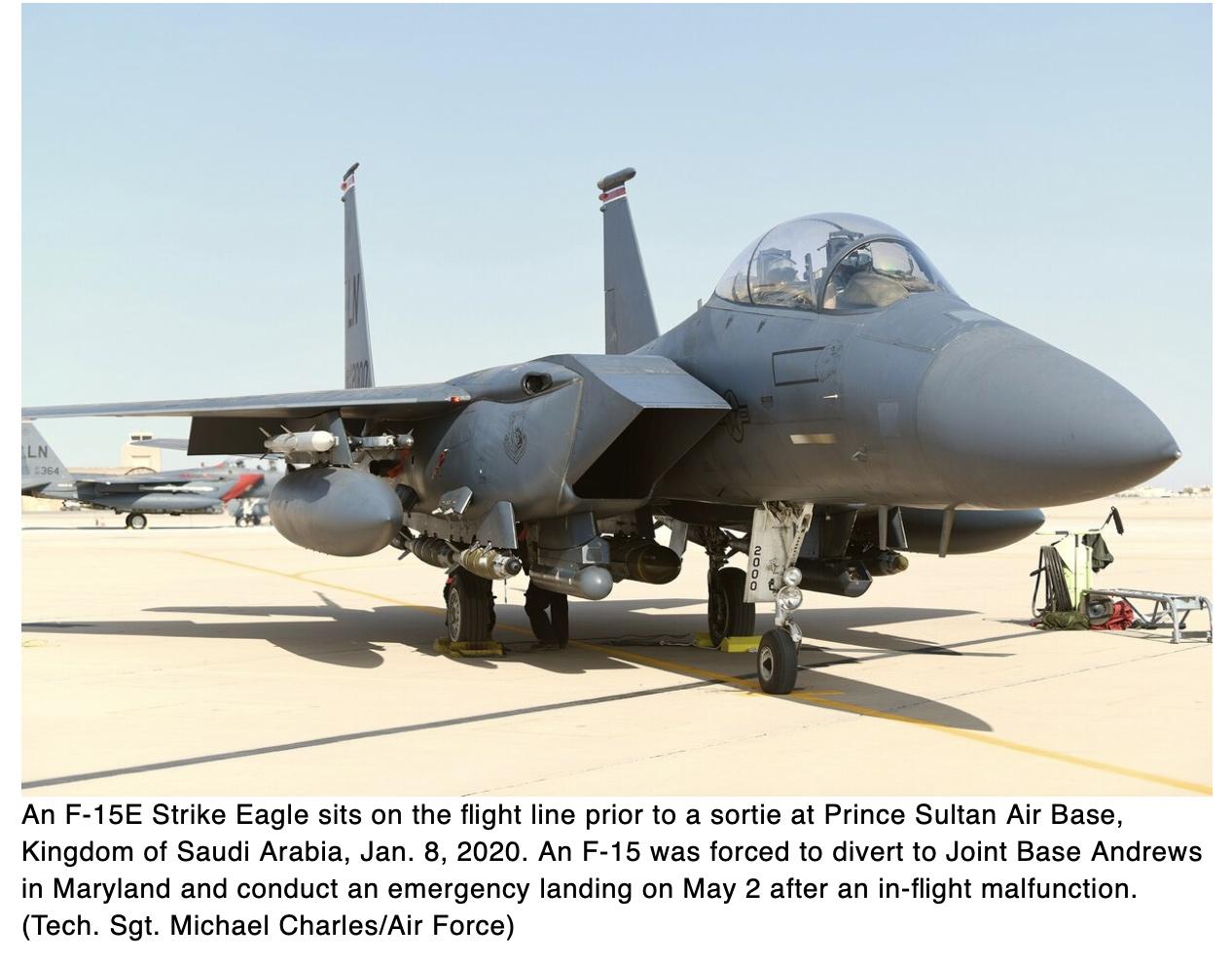  F-15's landing gear malfunctions, makes emergency landing on fuselage at Joint Base Andrews