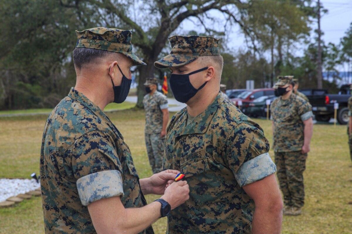 Sgt. Danny McDonald receives the Navy and Marine Corps Medal, earned after rescuing a 10-year-old boy from drowning off the North Carolina coast. (Marine Corps) Camp Lejeune Marine awarded highest noncombat medal for rescuing 10-year-old boy from ocean rip current