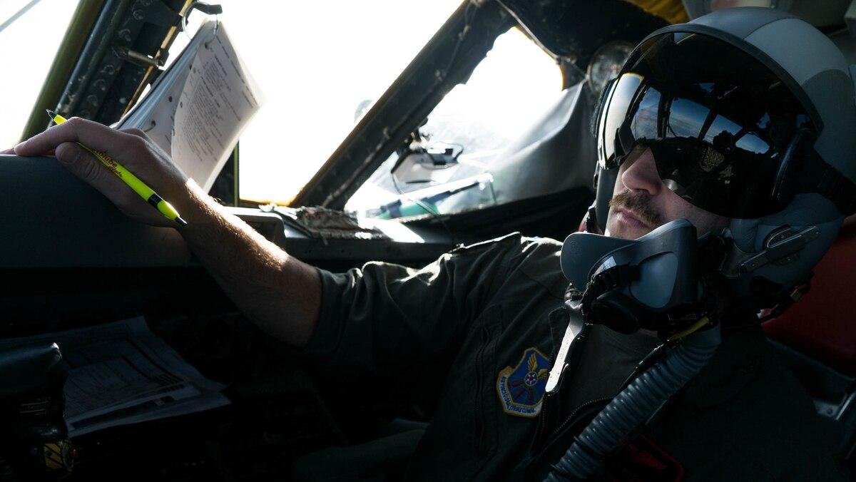 1st Lt. "Enzo" of the 96th Bomber Squadron out of Barksdale Air Force Base, La. performs co-pilot responsibilities on a B-52H Stratofortress flying out of RAF Fairford, England, during a training mission near the Black Sea