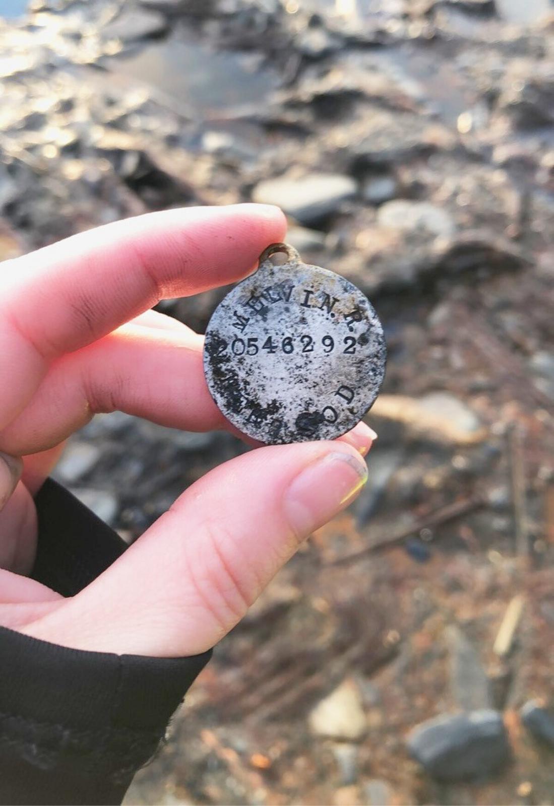 Michaela Maloney found this World War II dog tag of Sgt. Melvin R. Herrod in November 2020 and has returned it to the soldier's son. (Michaela Maloney) Woman finds long-lost WWII and later dog tags on Alaska beach