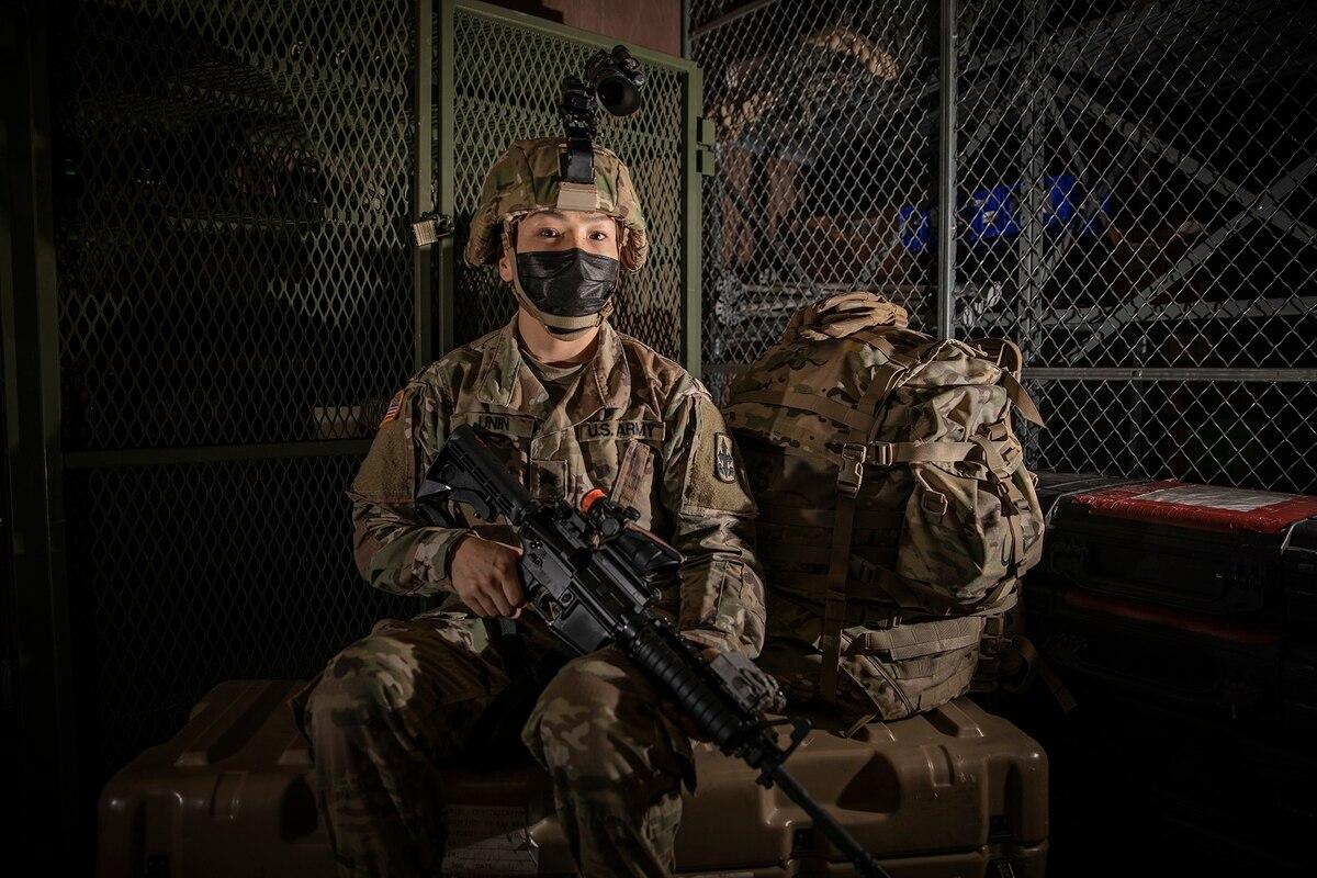 Sgt. Serita Unin, a fireteam leader with Bison Company, 1st Battalion, 297th Infantry Regiment, Alaska Army National Guard, poses for a photo on Joint Base Elmendorf-Richardson, Alaska, March 16, 2021. (Edward Eagerton/ Ar Alaska woman is 1st infantrywoman in stateâ€™s National Guard