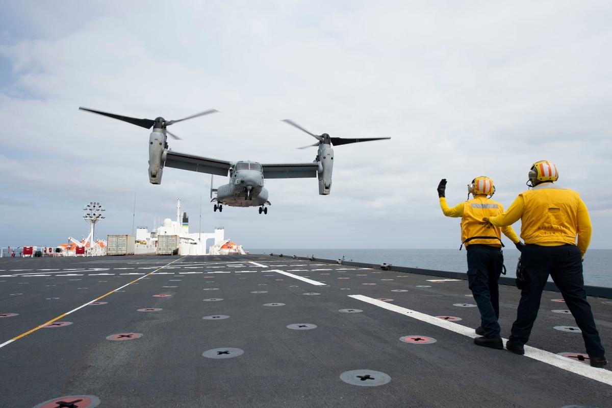 An MV-22B Osprey assigned to Air Test and Evaluation Squadron 21 of Naval Air Station Patuxent River, Md., takes off from the hospital ship Mercy April 14. (MC3 Luke Cunningham/Navy) V-22 Osprey conducts inaugural landing on hospital ship Mercy’s new flight deck