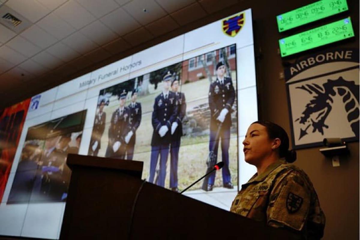 Capt. Kristen Bell presents her idea for suicide prevention to leaders of the 18th Airborne Corps at its Fort Bragg, N.C., May 25, 2021. (Army via Facebook) Behavioral health check-ups could soon be as routine for soldiers as teeth cleanings