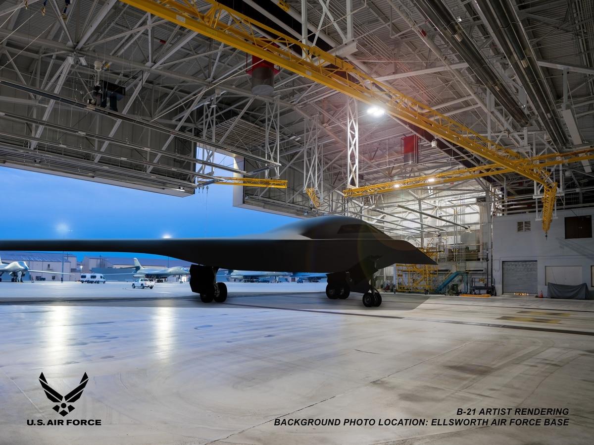 Artist rendering of a B-21 Raider concept in a hangar at Ellsworth Air Force Base, S.D., one of the future bases to host the new airframe. (Courtesy photo by Northrop Grumman) South Dakota’s Ellsworth Air Force Base will be home to B-21 bomber