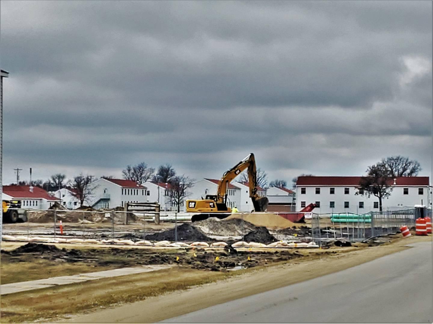 An area of the 1600 block of the cantonment area of Fort McCoy, Wisconsin, on March 26, 2020, where a new barracks is being built. (Army/ Scott Sturkol) (Fort McCoy Public Affairs Office
