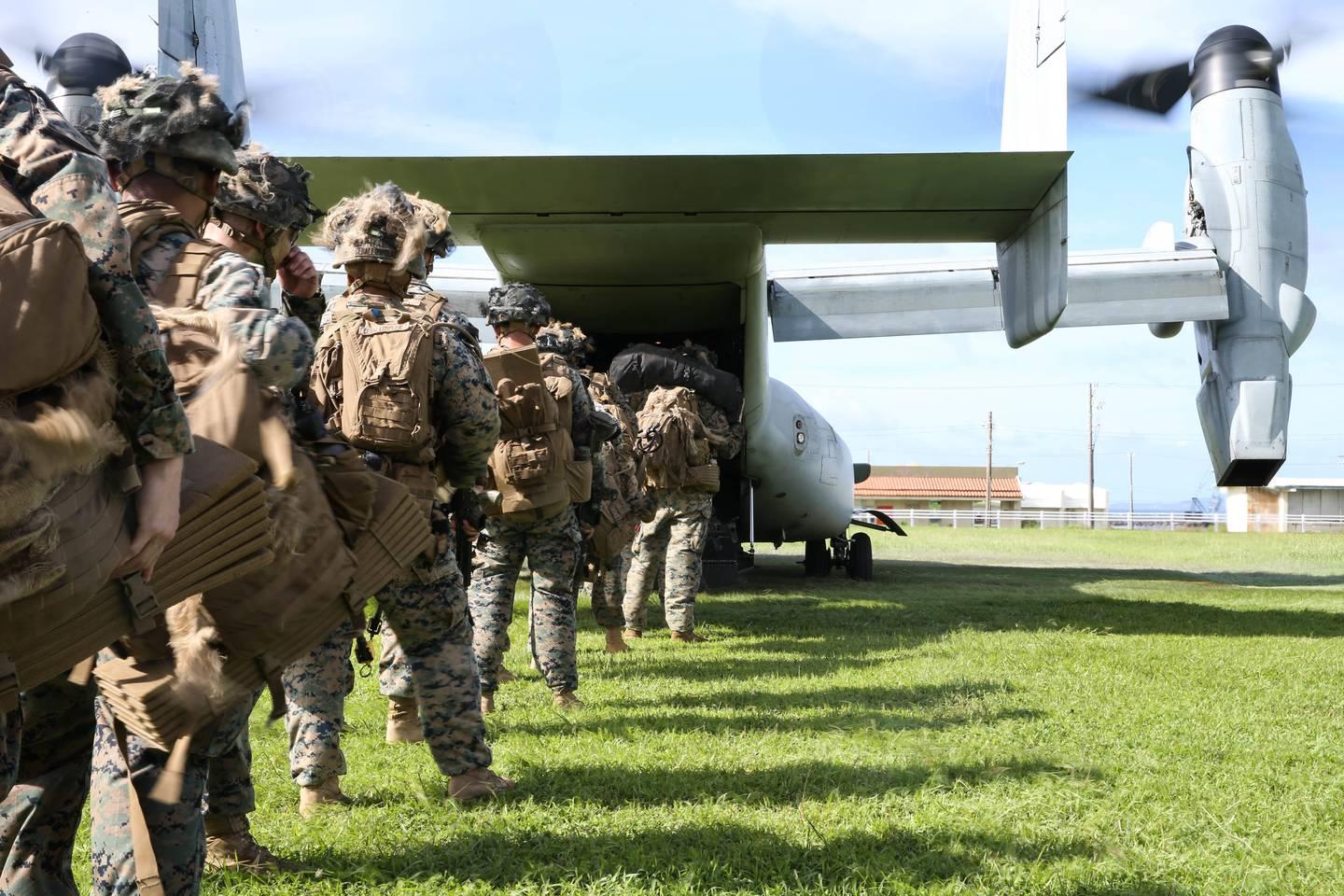 Marines with 1st Battalion, 6th Marine Regiment, attached to 3rd Marine Division under the Unit Deployment Program, board an MV-22 Osprey during an expeditionary advance base operation exercise at Camp Schwab, Okinawa, Jap Doubled maximum leave accrual extended for Marines and sailors due to COVID-19 pandemic