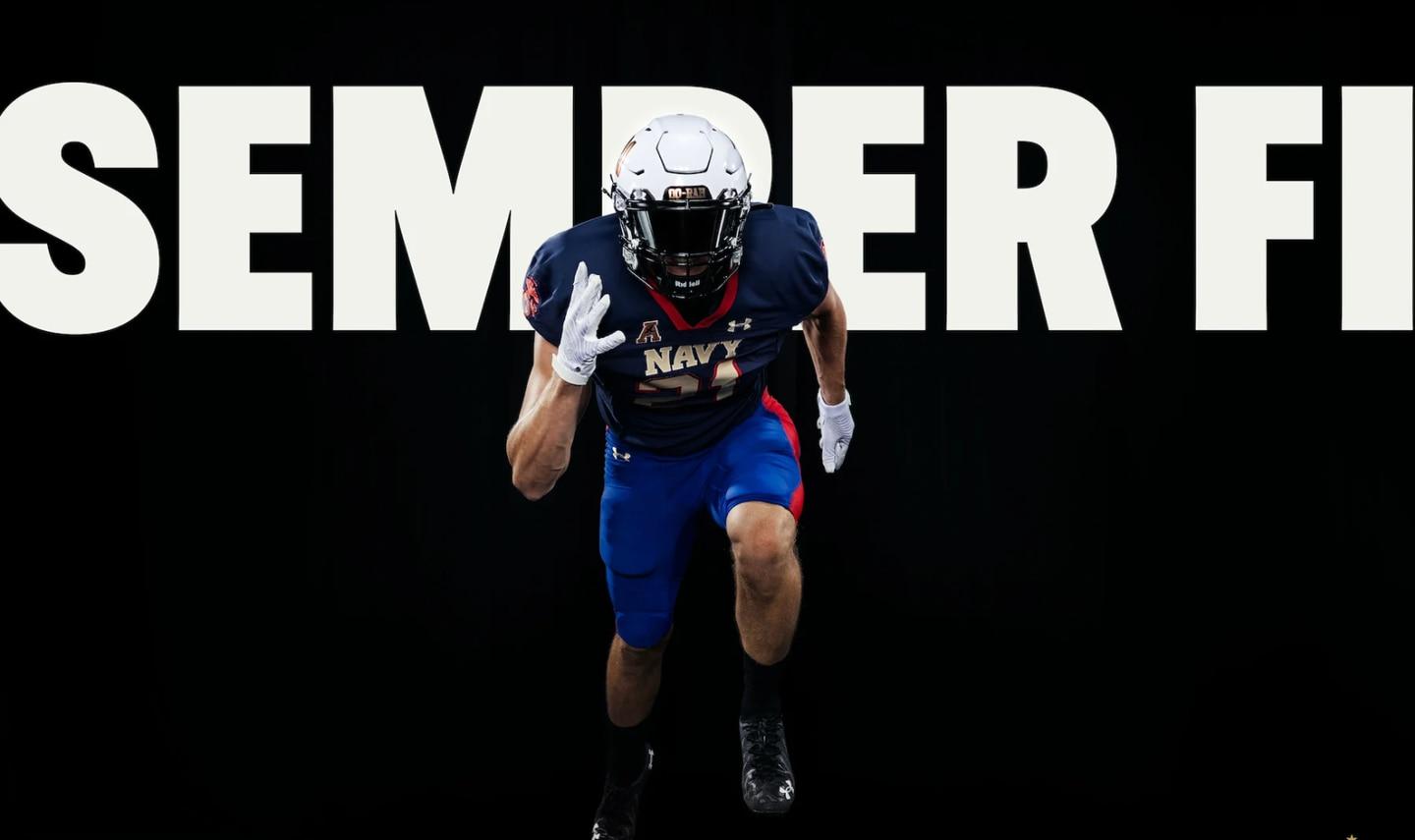 The Naval Academy revealed its first-ever Marine Corps football uniform. (Screenshot via Naval Academy Athletics) 