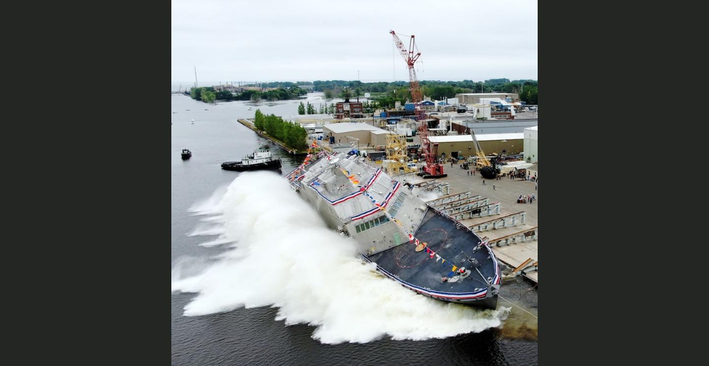 The future littoral combat ship Nantucket is launched into the the Menominee River at the Fincantieri Marinette Marine Shipyard in Wisconsin Saturday. (Lockheed Martin) 
