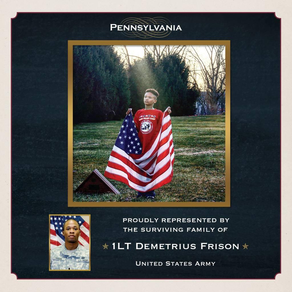 Christopher Frison, 10, holds a flag in the cemetery where his father, 1st Lt. Demetrius Frison, is buried. The flag was displayed on the National Mall during the inauguration Jan. 20, 2021. The White House gave the flags  Keeping memories alive: First Lady highlights Gold Star families this week