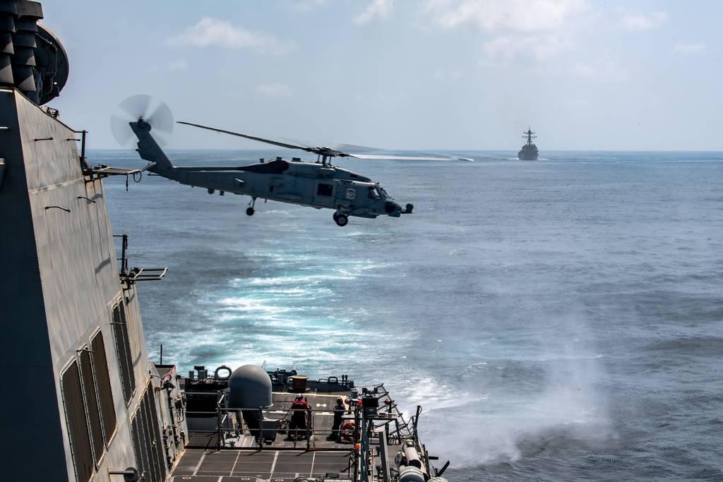 An MH-60R Seahawk helicopter, attached to the â€œEasy Ridersâ€ of Helicopter Maritime Strike Squadron 37 (HSM 37), takes off from the flight deck of the guided-missile destroyer Oâ€™Kane during flight operations in the Ar Naval Station Mayport gets new helicopter squadron, Maritime Strike Squadron 50