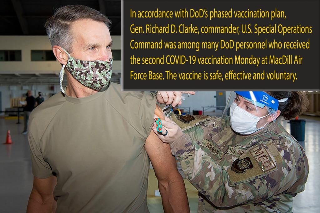 The head of U.S. Special Operations Command, Army Gen. Richard D. Clarke, is shown here in a command Facebook post getting his COVID vaccine in February. Friday, Clarke said that 98 percent of the uniformed SOCOM force has Four-star: 98 percent of US Special Operations Command has received COVID vaccine