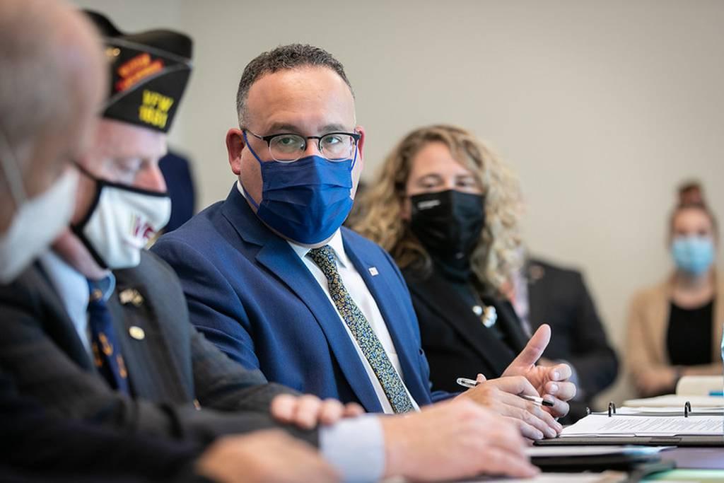 Education Secretary Miguel Cardona listens to leaders from local veterans groups during a roundtable at Manchester Community College in Manchester, N.H., on Nov. 4, 2021. (Department of Education)