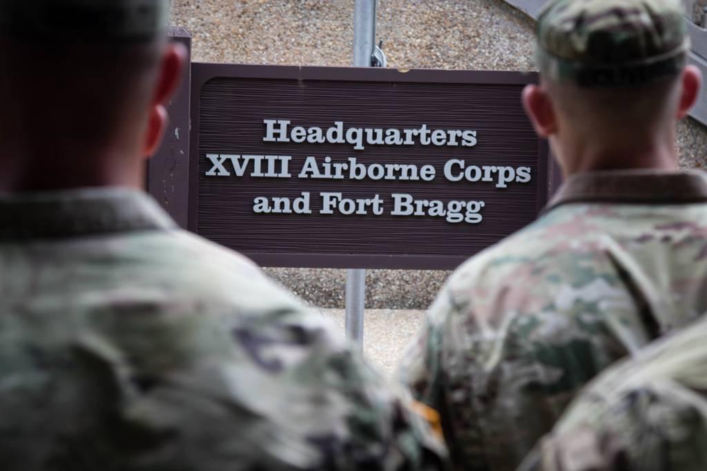 The XVIII Airborne Corps Headquarters sign is displayed at Fort Bragg, North Carolina, June 28, 2019. (Pfc. Joshua Cowden/Army) Study of Fort Bragg soldiers aims to reduce sexual harassment, assault