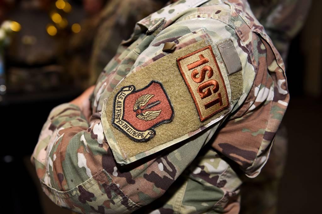 A first sergeant patch is shown on the arm of a first sergeant during an appreciation ceremony at Incirlik Air Base, Turkey, June 3, 2021. The Air Force approved multiple updates to everyday uniform wear on Dec. 3, 2021. ( Airmen’s holiday gift this year — a more lenient dress code