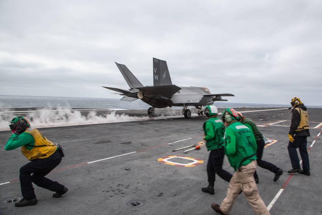 An F-35C Lightning II, assigned to Marine Wing Fighter Attack Squadron (VMFA) 314, launches from the flight deck of the aircraft carrier USS Abraham Lincoln (CVN 72). (1st Lt. Charles Allen/Marine Corps) First Marine F-35C squadron deploys on an aircraft carrier