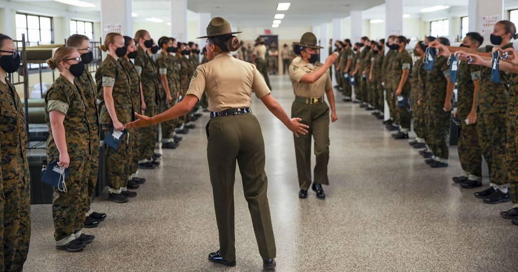 Drill instructors with Oscar Company, 4th Recruit Training Battalion, introduce themselves to their new platoon on Marine Corps Recruit Depot Parris Island, South Carolina, Oct. 16, 2021. (Lance Cpl. Ryan Hageali/Marine Co Virginia teachers get taste of boot camp that makes Marines