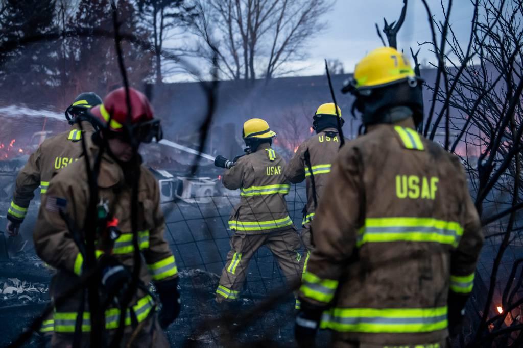 Firefighters from Malmstrom Air Force base respond to a fire near the regional trauma center in Great Falls, Montana. (David Sidle/Air Force)