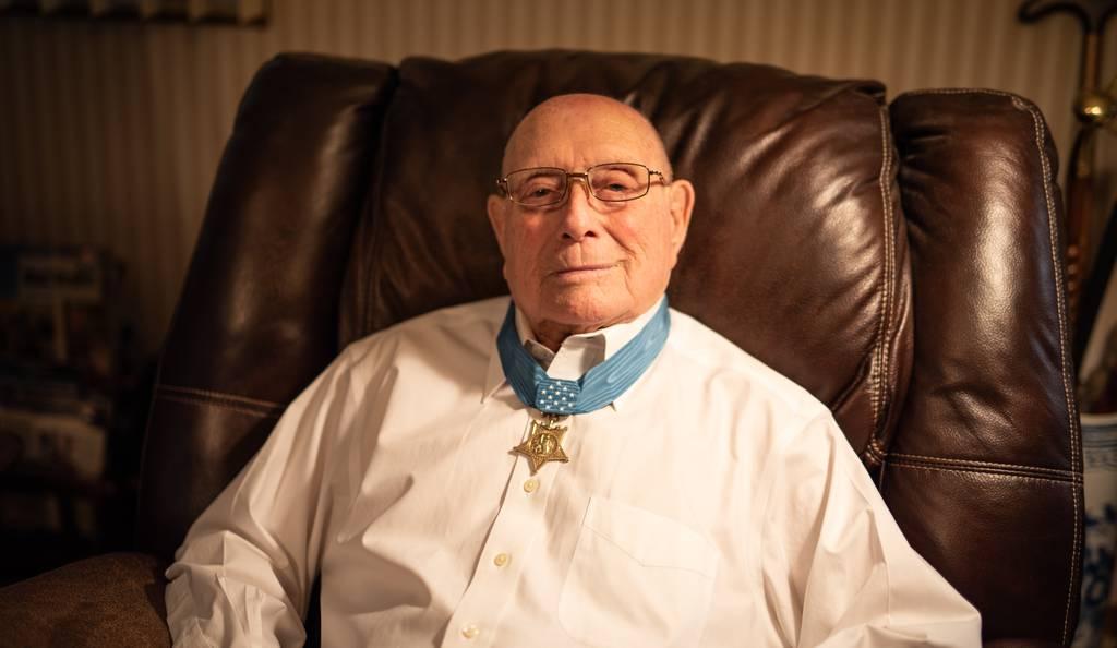 Woody Williams, at age 97, wearing the Medal of Honor he received for his actions on Iwo Jima. (J.D. Simkins/Staff)