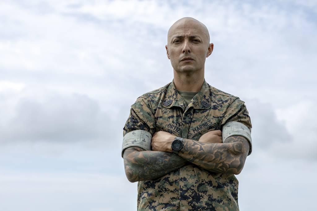 U.S. Marine Corps 1st Sgt. Jefferson Ortiz, company first sergeant for Air Operations Company, Marine Wing Support Squadron (MWSS) 271, poses for a photo at Marine Corps Auxiliary Landing Field Bogue, North Carolina, July  Marine 1st sergeant uses combat experience to save man hit by car