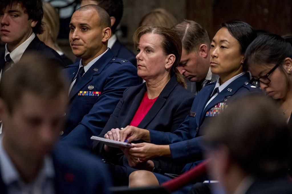 Former aide Army Col. Kathryn Spletstoser sits in the audience as Gen. John Hyten appears before the Senate Armed Services Committee in Washington on July 30, 2019, for his confirmation hearing to be vice chairman of the J